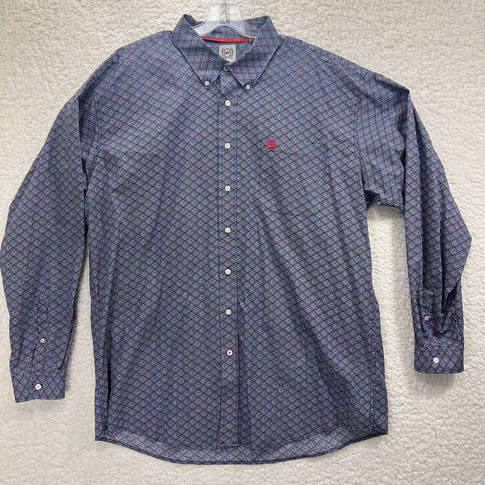 Cinch Western Shirt XXL Blue Red Geometric Print Button Down Cowboy Rodeo
